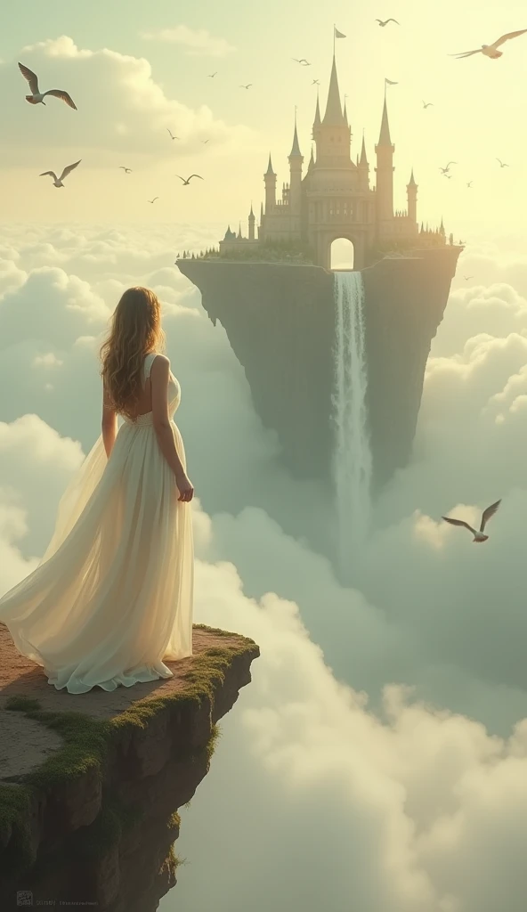 there is a woman standing on a cliff with a castle in the background, flying cloud castle, castle made of clouds, floating city on clouds, castle in the clouds, in the white clouds fairyland, dreamy matte painting, in white clouds fairyland, beautiful render of a fairytale, in front of a fantasy city, she is approaching heaven, cloud goddess
