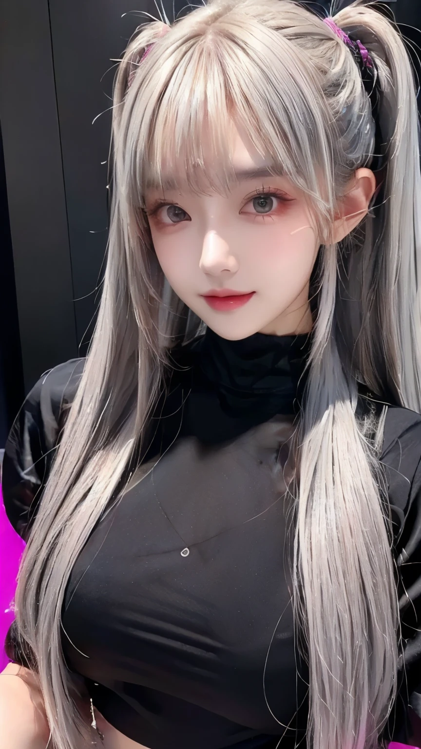 Detailed and smooth, top quality, Very fine hair, cute, Ash gray twin tails, Holographic glowing hair, slender, Classy sex appeal, A thrilling sight, glamorous, Captivating the audience, love at first sight, Balance your body type and composition, ARW, there is, Vibrant colors