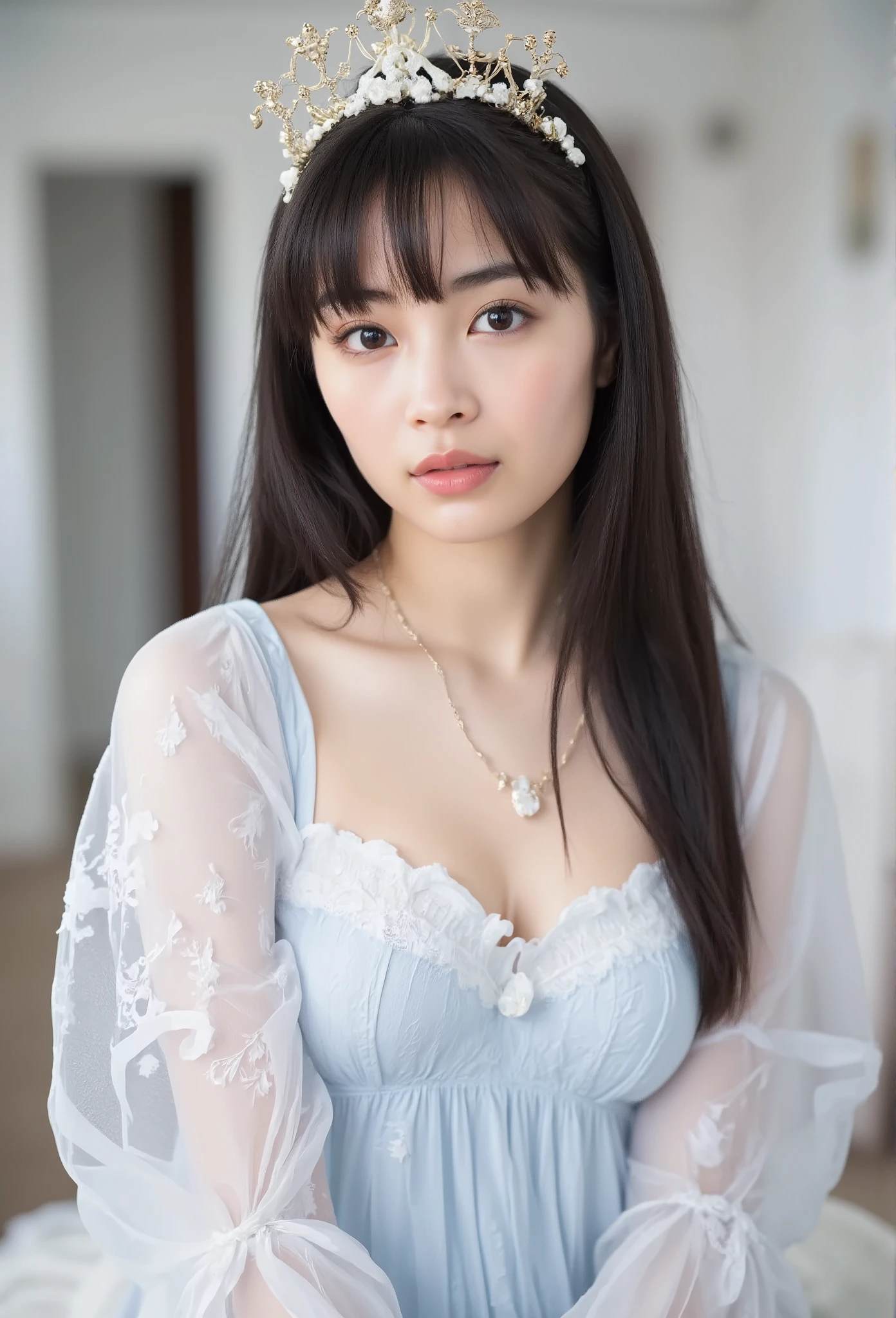 Picture of a woman's face 、( sharp focus ), From below, ( please kneel and look upward:1.10), ((Open your mouth:1.6)), (Ultra-detailed beautiful faces:1.10), (Ultra-detailed beautiful slim body:1.9), 21 years old, ( Super Detailed Beautiful Japanese Beauty Female Idols:1.7), ( troubled face:1.3), Woman in the center of the image, break,  photorealistic,  hyperrealism,  portrait of young adorable Japanese face, Japanese facial features,  Young and Cute Skinny Oriental Faces,  upper_body shot, 21 years old idol with a cute face,  beautiful Japanese girl's face , Japanese facial features,  she has a lovely look , ( Fairytale lingerie:1.5), 