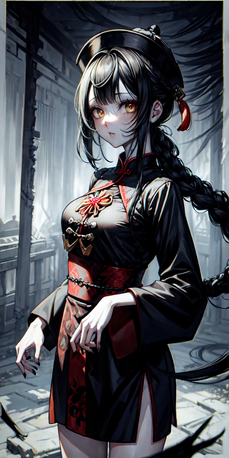 lora:flat:-1.2, masterpiece, best quality, 4k, 8k, 1 woman, solo, pale skin, tall stature, long hair, blunt bangs, side braid, black hair, ugly face, bad face, bad eyes, droopy eyes, unclear eyes, ruby red eyes, lemon yellow eyes, pale skin, black eyeliner, black eye shadow, heterochromia, slender frame, frightened, ofuda, jiangshi costume:1.2, sheath long skirt, China dress, fang, horror, coffin, forest, dark night, stormy weather, fog, from front, cowboy shot, look at viewer, paw pose,