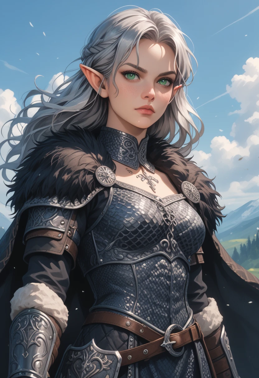 score_9, score_8_up, score_7_up, woman, green eyes, gorgeous, elf, fur outfit, black viking outfit, pale skin, solo, dark blue heavy armour, dark blue medieval armour, dark blue chainmail, mythril armour, elven ornaments, fur cloak, standing up straight, calm face, runic tattoos, silver hair, closed mouth, cowboy shot woman fighting, strong, wearing a sword , warrior, hair in the wind, big boobs, laufen, elf ears, long hair