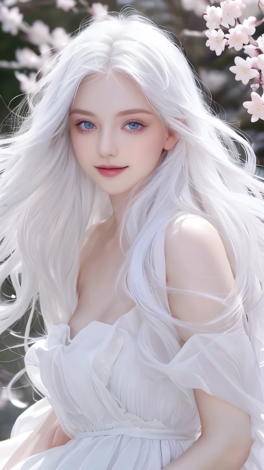 With white hair and pink eyes、Transcendent Beautiful Girl、It's like a fantastic existence。Its white hair swayed in the wind、Blue eyes shine like a clear sky。Her skin is pure white、Detailed features beautifully color your facial features.。Her beauty is、Looks great against any background、Its presence will fascinate everyone.cherry blossom background,smile,kindness,white dress,white long hair