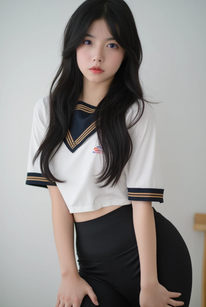 Masterpiece, best quality:1.3, Glowing skin, 1girl, solo, long hair, black hair, Bangs, purple eyes, Double eyelids, standing, full body, medium breasts, shagging breasts, pouting, School uniforms, Short sleeve, Pencil pants,