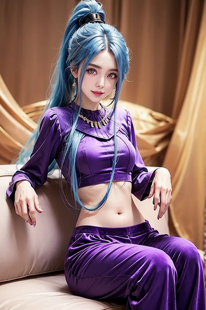 SCHALA, long blue hair, ponytail, purple eyes, purple long sleeved velvet top, midriff, navel, purple velvet pants, pendant, sit on sofa, rubbing stomach, happy face, royal room