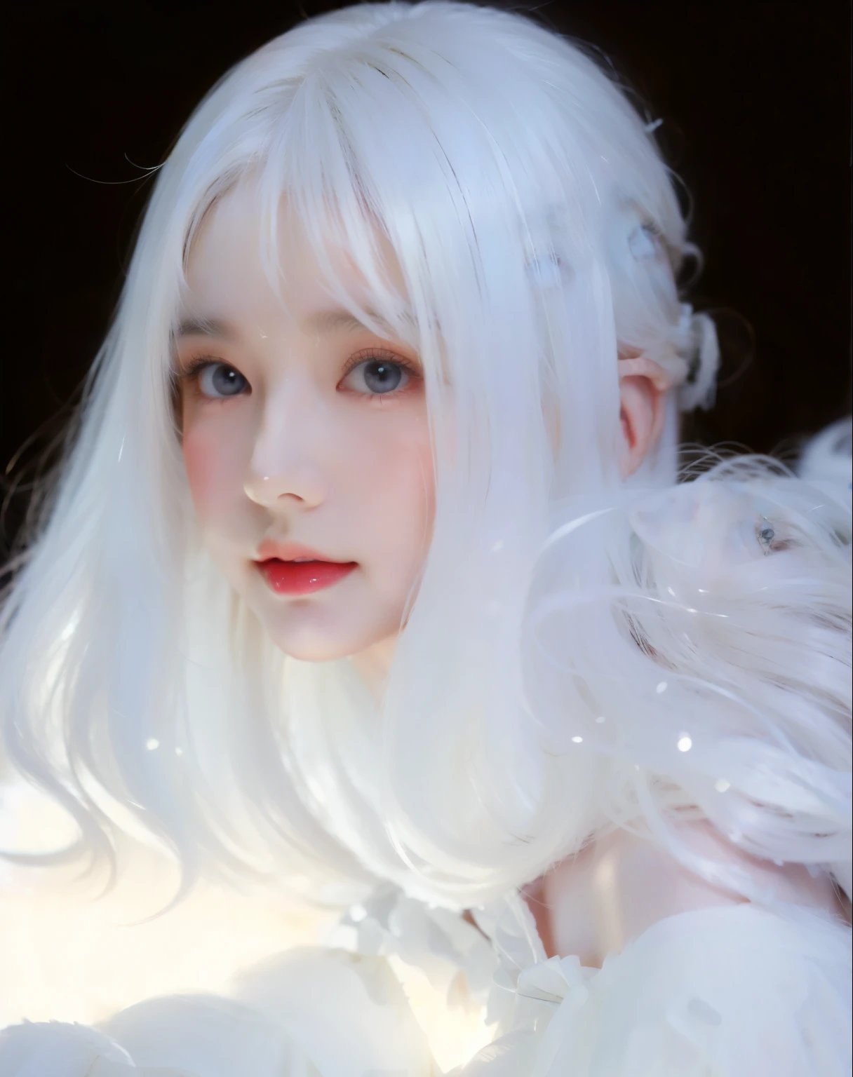 a close up of a woman with white hair and a white feather, white hair floating in the air, white wings, pale snow white skin,  with long white hair, pale porcelain white skin, white fringe, white hair similar to clouds, pale milky white porcelain skin, angelic face, with long white hair, Porcelain white skin, of a beautiful angel,  Beautiful white hair 