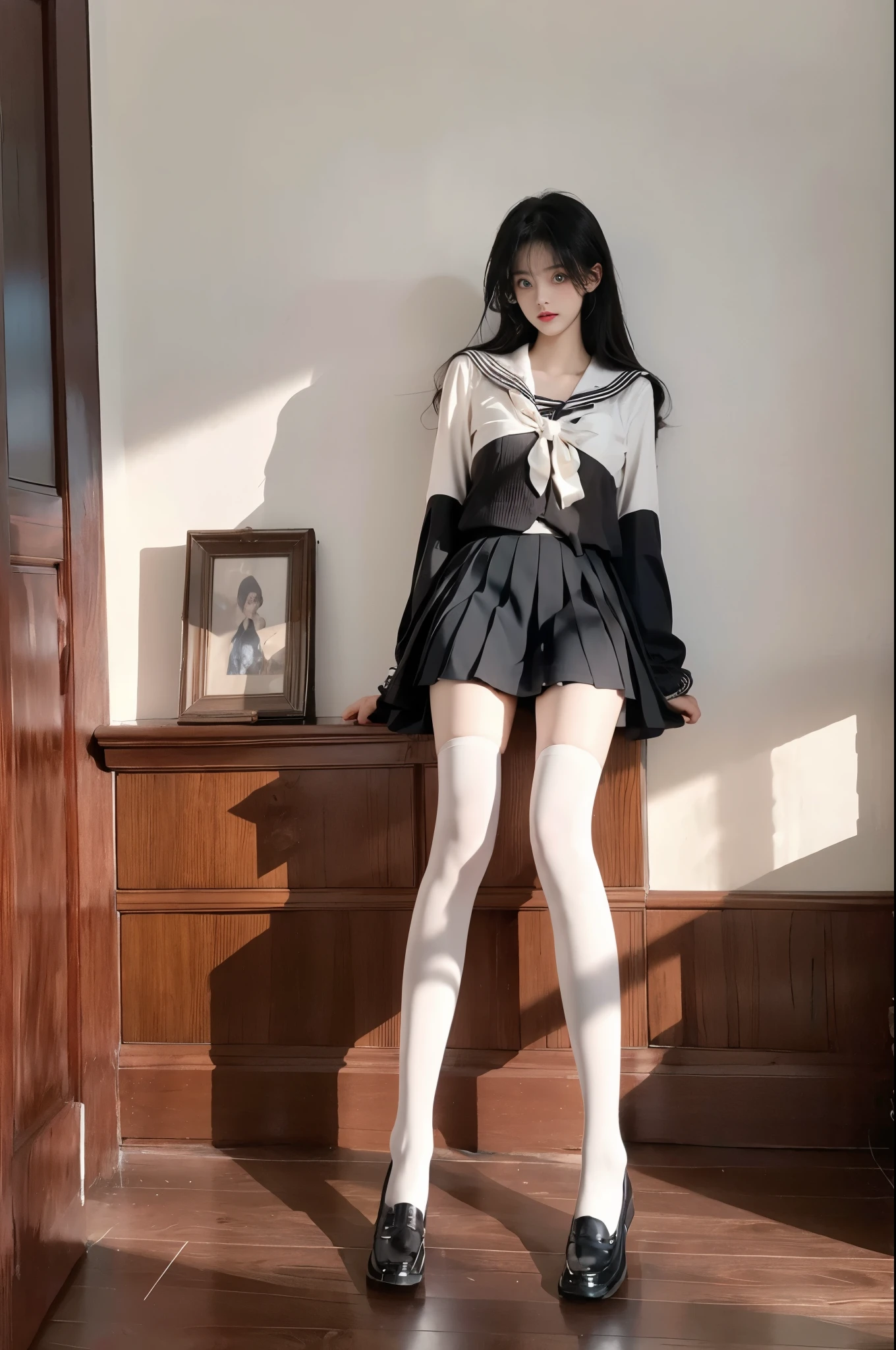 white thighhighs
loafers
black footwear
brown footwear
school uniform
mary janes
pleated skirt
plaid skirt
serafuku ,, (photorealistic:1.2), beautiful young woman, (Full bust, visible cleavage, very short hemline), (full body shot:1.4), elegant pose, (Sitting on a low bed in an antique room), (anatomically perfect legs:1.4), (graceful leg posture:1.2), smooth knee definition, natural ankle position, (proper leg proportions:1.3), realistic leg muscles, perfect calf shape, soft pastel colors, ethereal lighting, surreal elements, cinematic composition, intricate details, high fashion, perfect symmetry, studio lighting, high quality, masterpiece, 8k uhd, ornate details, dramatic shadows, rule of thirds composition,natural leg joints, correct knee placement, proper thigh length, anatomically correct ankles, realistic leg curvature, perfect leg symmetry, fashion model legs, professional leg pose, runway model proportions,full figure, high-end fashion photography, professional photography, perfect composition, golden ratio