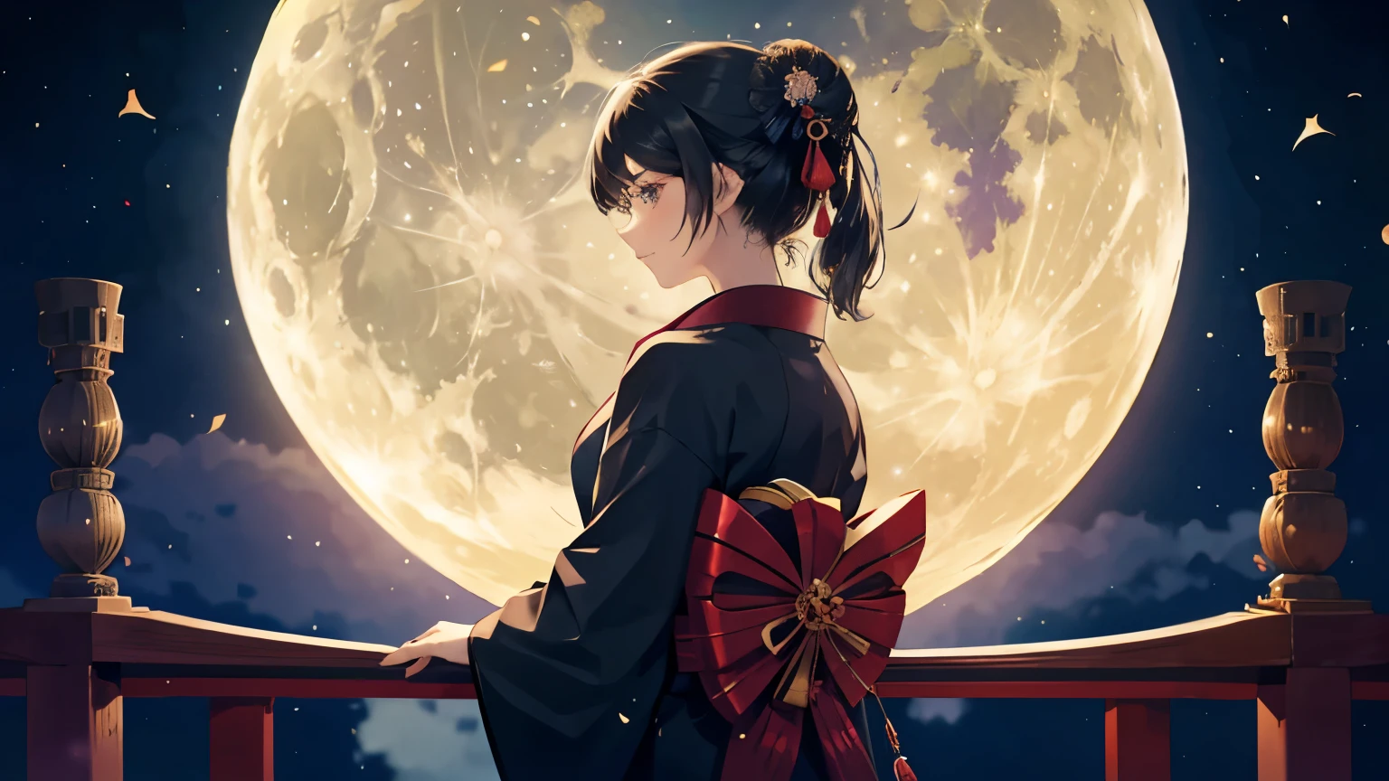 A girl is looking backwards at the moon, The girl with long black hair hanging down the floor ,  11 kimono is a ten-fold kimono worn by aristocrat women in the Heian period.,  The far side of the moon, The girl in the background is looking at the beautiful moon., (On a Japanese-style balcony:1.2), Set the Tsukimi Dango aside, Nearby is a vase filled with soot.,  colorful ,  ultra-detailed, High quality images, [[[[[Multiple arms]]]]]