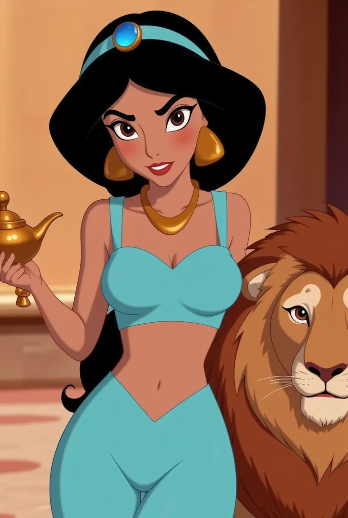 a beautiful disney princess jasmine from aladdin,extremely detailed eyes and face,beautiful detailed lips,long eyelashes,ornate golden jewelry,intricate henna tattoos,vibrant satin dress,magical genie's lamp,majestic pet lion,lush arabian palace gardens,warm desert sunset lighting,vibrant colors,cinematic composition,award winning digital art