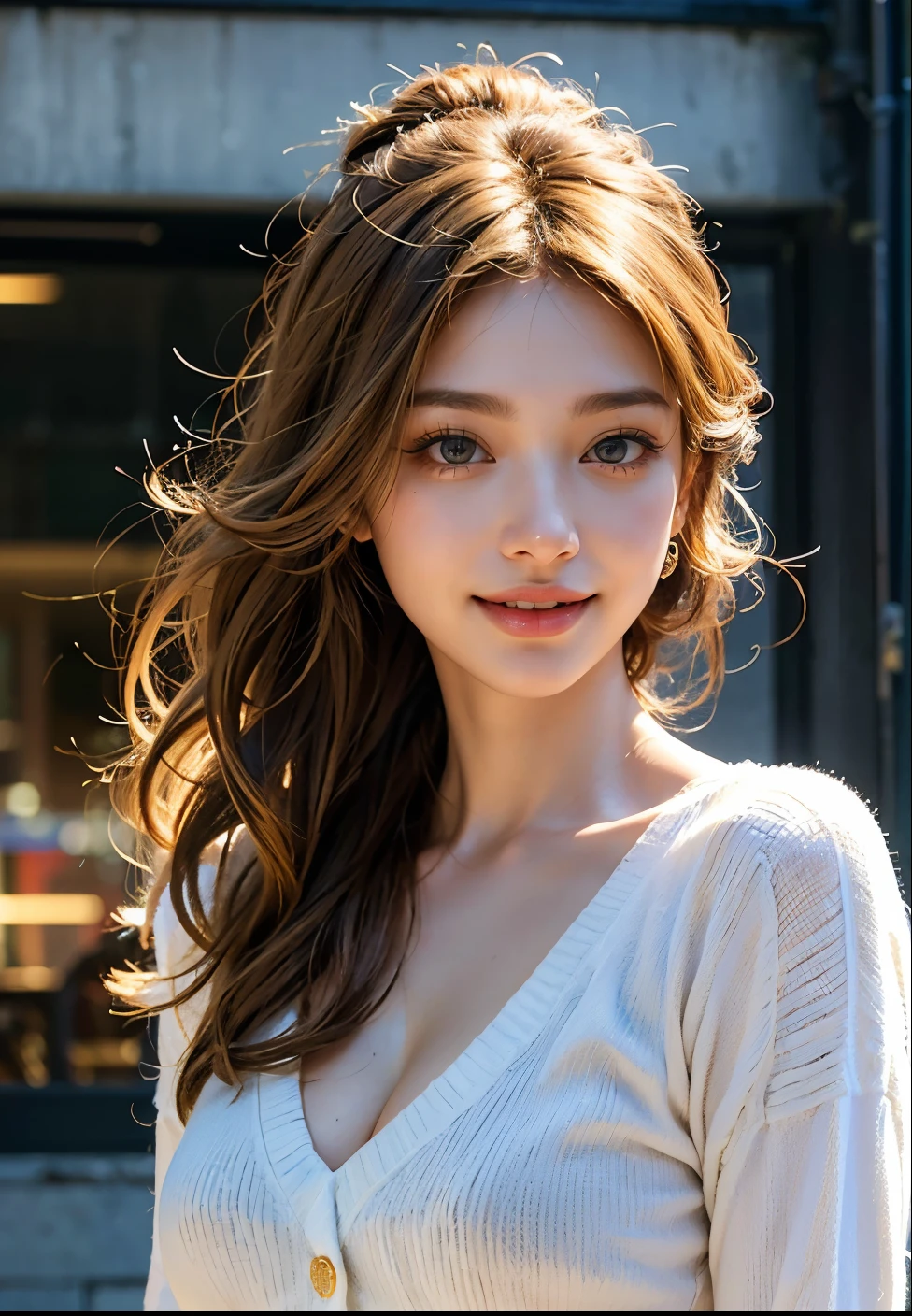 Full face portrait photo of 25 year old European girl、raw、Beautuful Women、Semi-open strawberry lip、Dimples、A wistful look、(Extra long wavy brown hair)、((A detailed face))、((detailed facial features))、(Fine detailed skin)、pale-skinned、(Detailed white sweater with a deep neckline、Denim jeans)、Cyberpunk Megacity Environment、(cool color)、moist、moist、Reflectors、(masterpiece)(perfectly proportions)(photos realistic)(top-quality)(detaileds)photographed in a Canon EOS R5、 50mm Lens, F / 2.8, nffsw, (8K) (wall-paper) (电影灯光) (Dramatic Lighting) (foco nítido) (Convoluted), Raw photography, Raw photography, Gigachad Photos, Pose for the camera, Denim jeans,8K UHD, Digital SLR, hightquality, Grain film, FujifilmXT3, Film Stock Photo 4 Kodak Portra 400 Camera F1.6 Lenses Rich colors Ultra-realistic textures Dramatic lighting Unreal Engine Art Station Trends Cinestill 800 Tungsten, toughboy style、Ultra Focus Face、Intimidating、Combat position、Short messy hair、musculature、Ruptured veins、bead、Outer space background、((Body Portrait))、full-body view、a smile