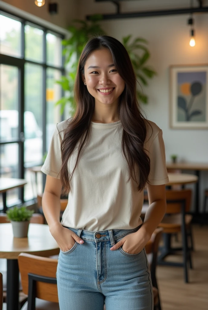 A high-resolution, photorealistic, smiling, front-facing image of an East European woman, wearing a plain white t-shirt and jeans. The woman is smiling, standing straight with a relaxed posture and a neutral expression. The scene is set against a [modern office interior] background with [soft ambient light]. The t-shirt is smooth, with minimal folds, ideal for overlaying designs. The image captures the entire body from head to toe, with realistic lighting and detailed textures.