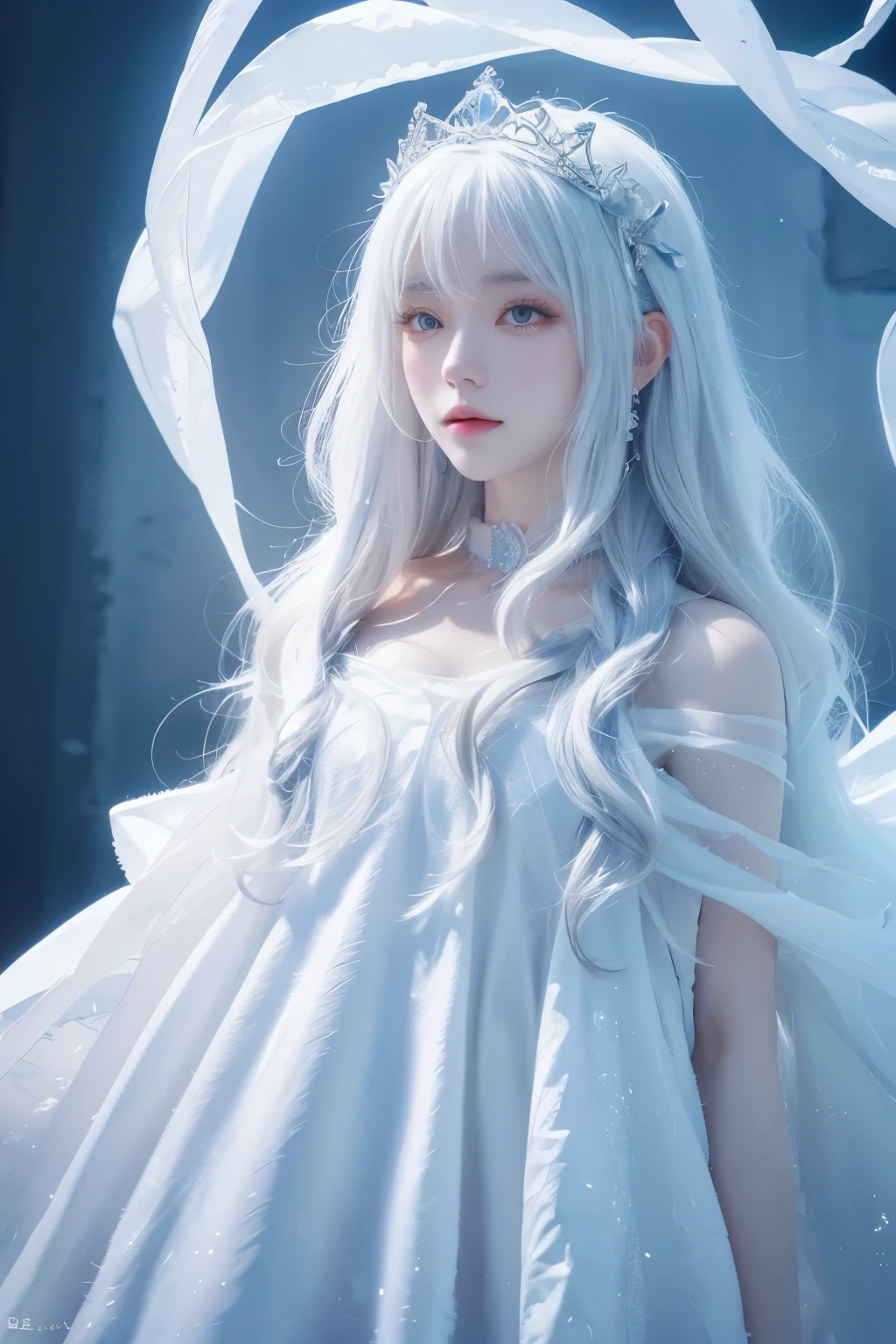 1 girl, solo, (watercolor texture), soft color, illustration anime, waved long hair, white armor, ice theme, tiara made of ice, white hair, ice palace, ic34rmor, simple black background, ice crystals, rainbow ice   