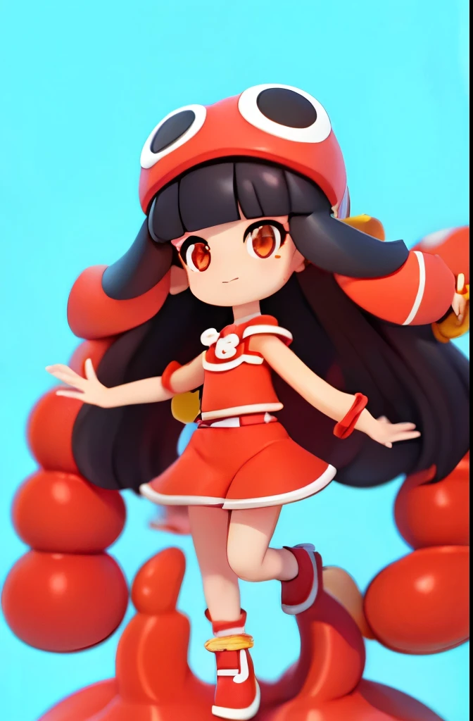 I have a big octopus on my head:1.3（big），An octopus's leg hangs from its head:1.2，octopus（red） real octopus ，woman， long hair、 with bangs， black hair，octopus head ， red clothes