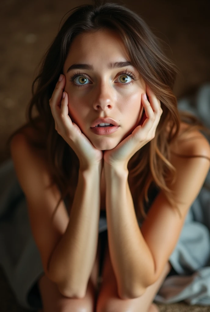 Create a photo of a 30 year old young woman, with a slender and beautiful body, wearing only white lace panties with white and fair skin, with long light brown hair, wearing hoop earrings, frightened lying on the floor and facing the camera while being dragged by her hair, assaulted with a belt and stripped naked by three nervous 90-year-old black elderly ladies, obese dark black skinned, ugly, low, who has short hair, who wear glasses and a blue dress