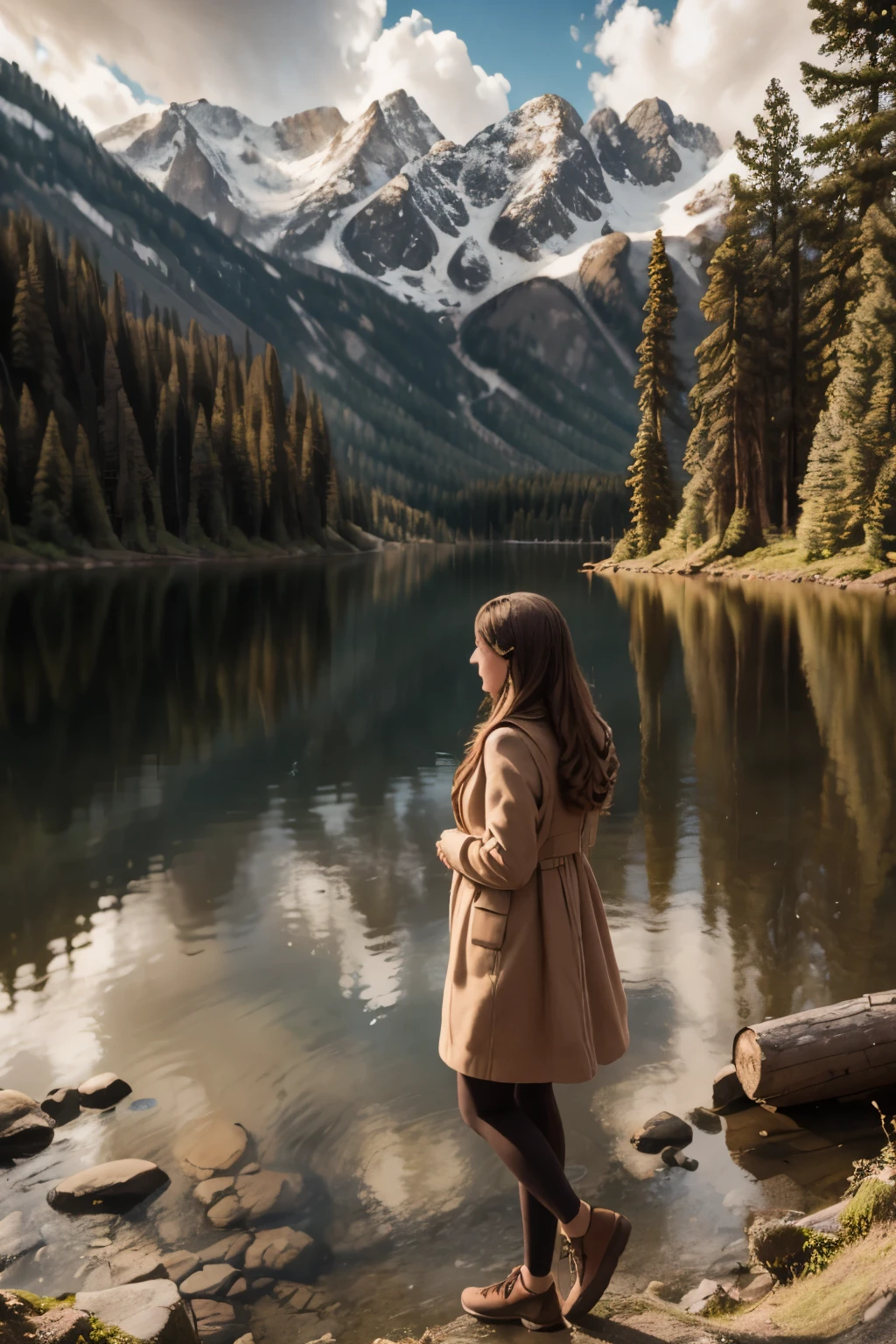 girls walk in a forest, majestic mountain, golden hour, snow-capped peaks, serene lake, clear reflection, calm water, tall pine trees, natural scenery, outdoor, soft warm light, shadows on mountains, tranquil atmosphere, wide-angle shot, deep depth of field, sharp focus on entire landscape, balanced exposure, soft pastel sky, clouds above mountains, girl walk in the forest,
