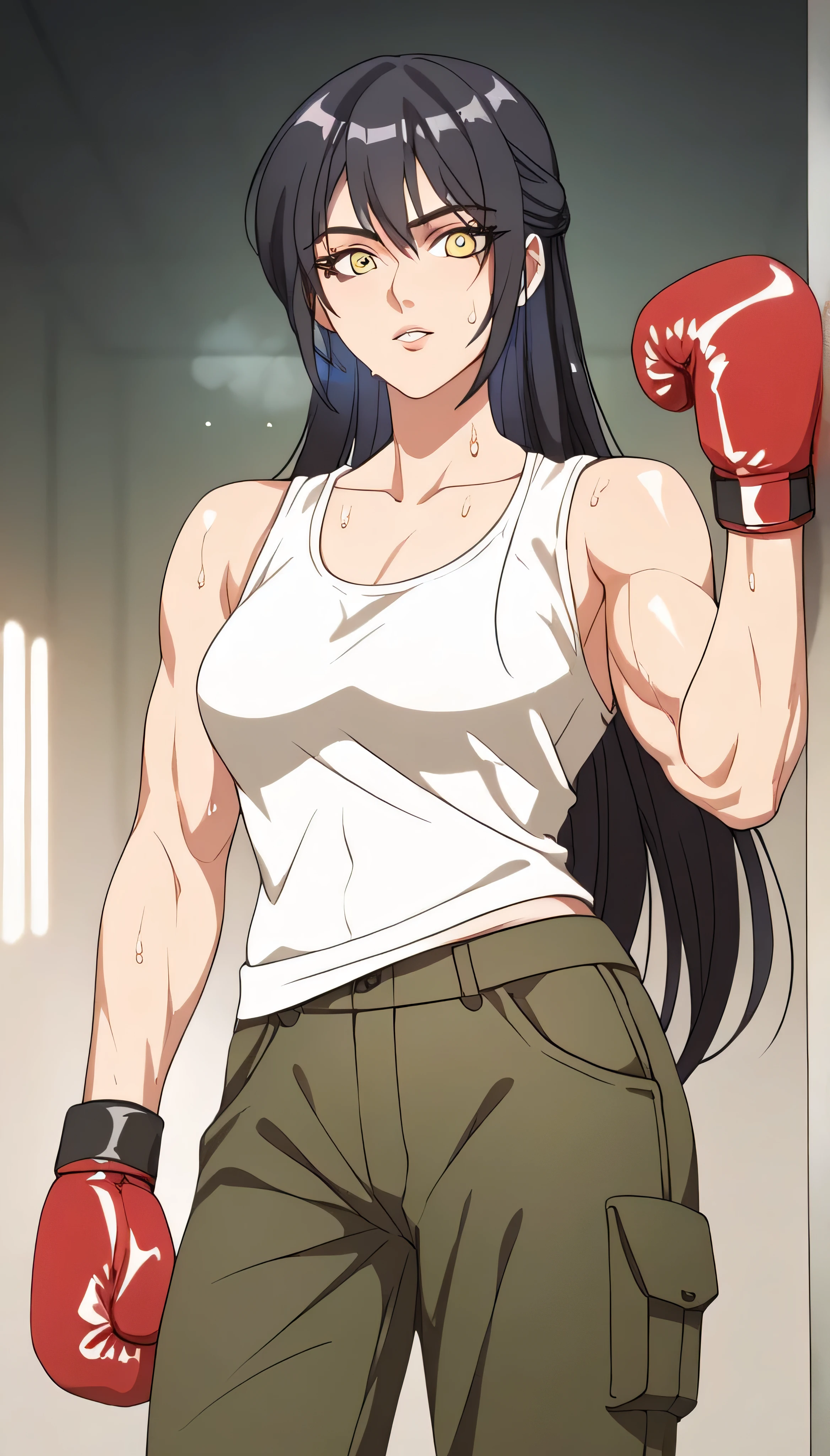 black hair,masterpiece,best quality,highres,ultra-detailed,aashizue,yellow eyes,long hair,cargo pants,(tank top:1.2), boxing gloves,toned, muscular,sweating, (sleeveless:1.4),cowboy shot,