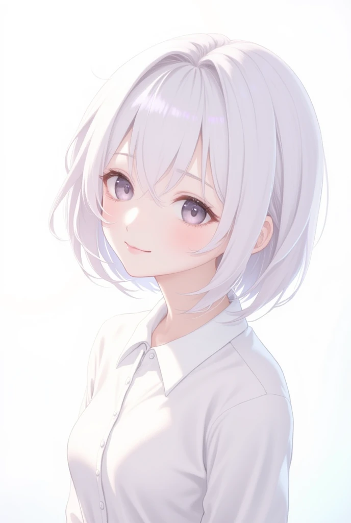 1girl, white theme, bright image, portrait, look up, closed eyes, white short hair, kawaii anime, soft color,