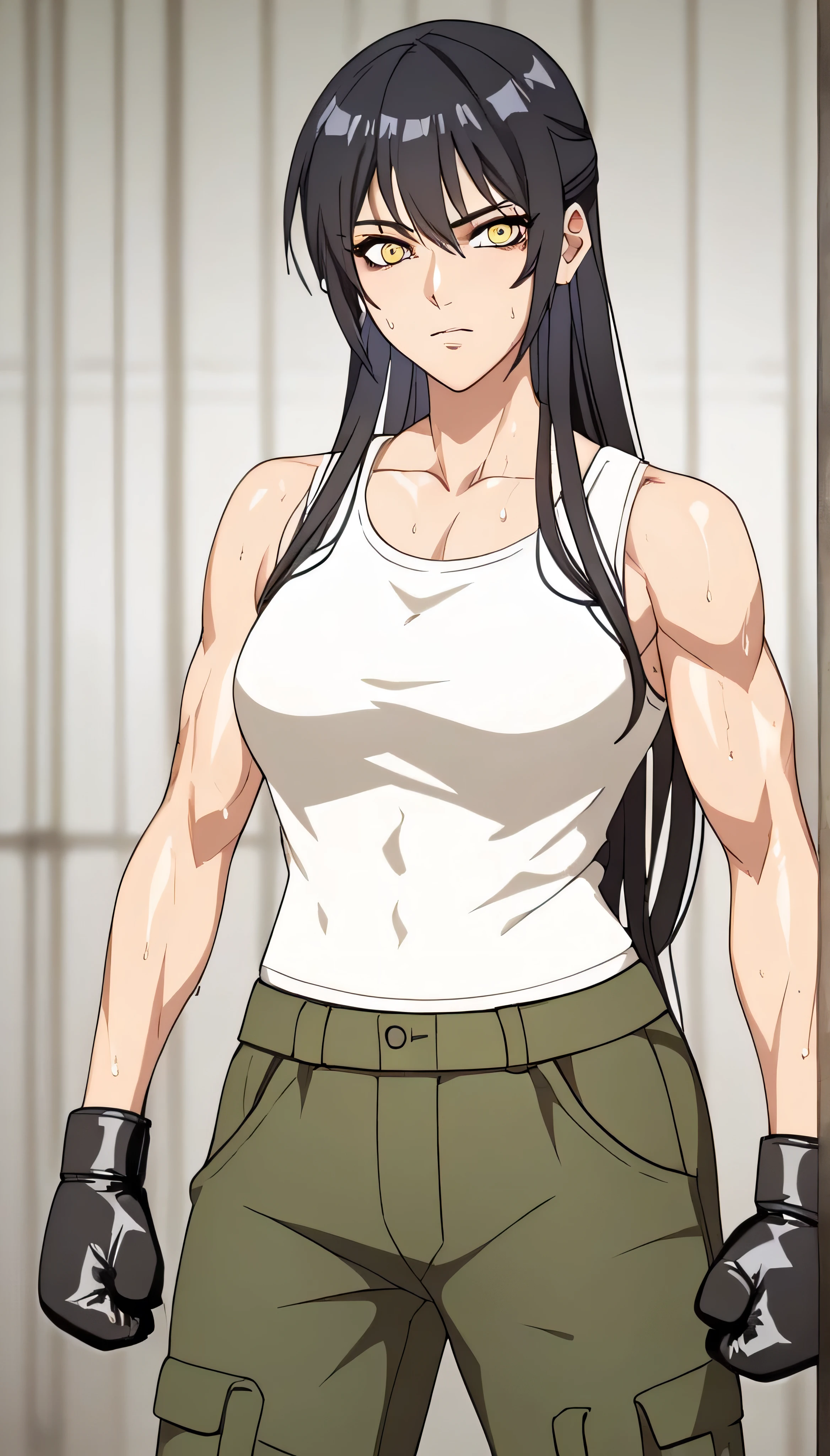 black hair,masterpiece,best quality,highres,ultra-detailed,aashizue,yellow eyes,long hair,cargo pants,(tank top:1.2), boxing gloves,toned, muscular,sweating, (sleeveless:1.4),cowboy shot,