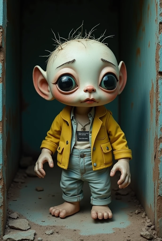 boy with white skin but white shirt with a chain and tattoos on his hands black pants with a little white black shoes and reindeer antlers on his head