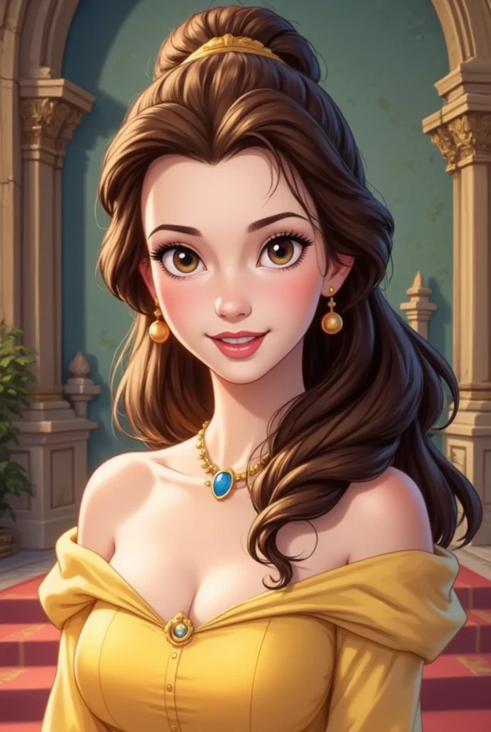 a beautiful princess belle from the disney animated film beauty and the beast, elegant flowing yellow gown, beautiful detailed eyes, beautiful detailed lips, extremely detailed face, long eyelashes, graceful poise, detailed castle interior, ornate furnishings, warm lighting, cinematic lighting, intricate details, highly detailed, 8k, photorealistic, masterpiece, digital art, concept art, vibrant colors, dramatic lighting