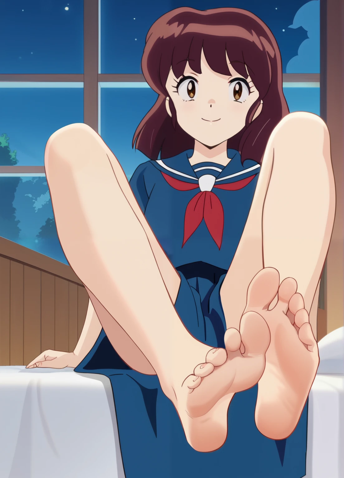 Score_9, score_8_up, source_anime, 1girl, Urusei Yatsura, Shinobu Miyake, straight dark brown hair, large dark eyes, alone, looking at viewer, navy blue skirt, blue blouse with a sailor-style collar, red ribbon, slim and athletic build, night, in her bedroom, sitting on the bed, cowboy shot, ANIME SCREENCAP, anime coloring, barefoot, perfect feet, anatomically correct, soles, low angle, lifting legs to show her soles, focal length 35mm, each foot has five toes, front, symmetrical soles, foot focus, happy gaze, smile