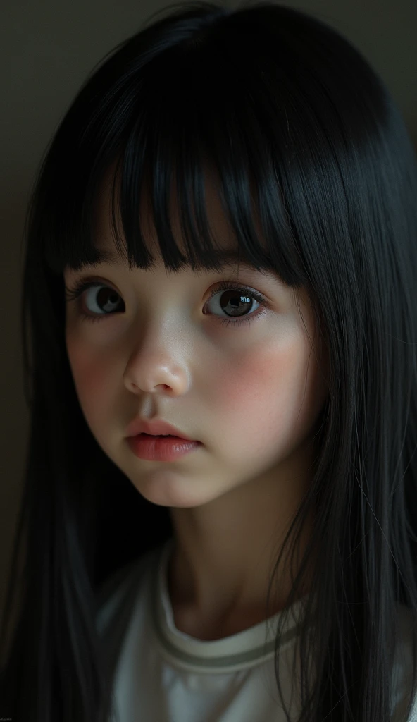 Beautiful slim girl Blue eyes Black hair color Cute shine Very pale skin color Realistic 13 years old Naked World War II Natural cinematic image in 8K Shadows Realistic.   detailed natural lighting natural pores  