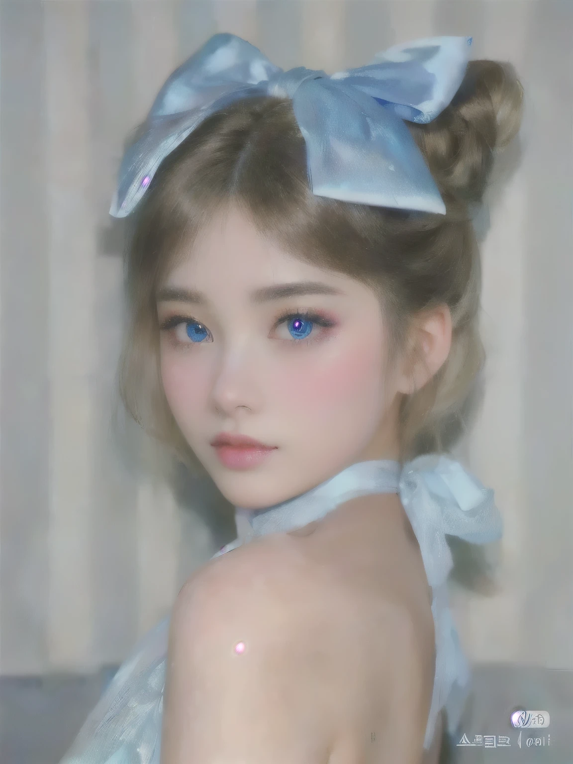 Image of a woman with a blue ribbon in her hair., pastel blue eyes, popular South Korean makeup, pale and light skin!!, realistic kawaii portrait, popular Korean makeup, pastel colored makeup, pale porcelain skin, Sakimichan, pale bluish skin, beautiful dolphin, pale blue eyes, Kim Jennie, JENNIE FROM BLACK PINK, pale porcelain white skin