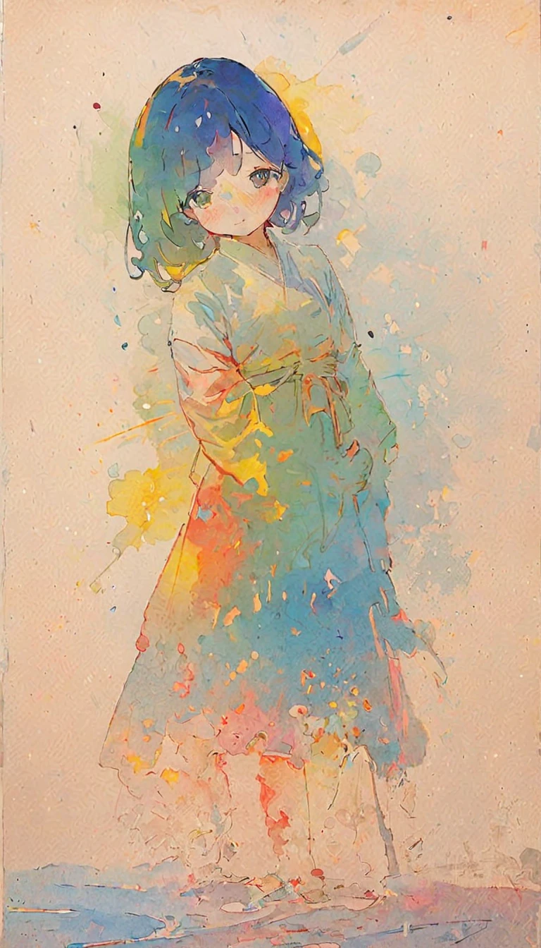  splatter background and spray paint effects,  Katsushika Kitasai , Tunic, Body on knees, Rainbow Hair,Teary-eyed , dusk, watercolor, watercolor, watercolor風, watercolorの詳細なアート, watercolor digital painting, watercolor paints, 非常に精巧なwatercolor, watercolor，  Japanese woman with a viewing angle of，1,  long hair,Black-haired、Based on blue