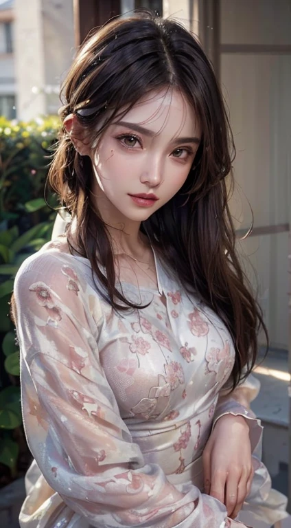 Photorealistic, High resolution, Soft light,1womanl, Solo, hips up high, glistning skin, (Detailed face),The tattoo, Jewelry, Dark see-through hanf, cherry blossom, Night, White wavy hair, Beautiful Soldier, An eye that invites the viewer, Lover's perspective, inviting expression, Sexy smile, Perfect Style, Perfect balance, Detailed skin, Naughty gaze, Chest visible、see -through、Sheer feeling、Wet skin、Wet hair、Spread hair、Spread Stall、Wet clothes、sodden、See-through Halter neck、See-through gowns、Navel Ejection、the back is open、See-through halter neck dress、See-through kimono、Dynamic Posing、Fingertips are lips、