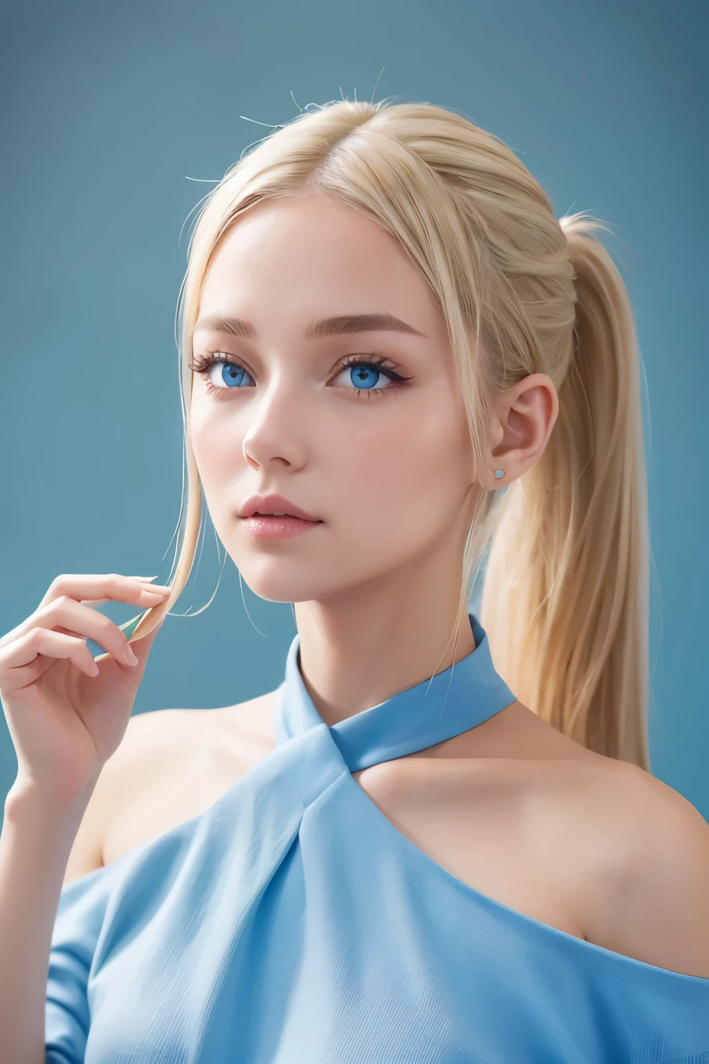 She has blond hair, pulled back into a ponytail, shoulder-length, and light blue eyes..