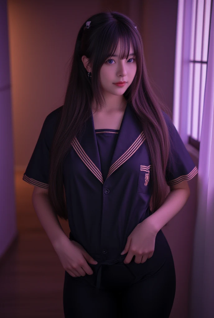 (Masterpiece), (best quality:1.5), cinematic lighting, ferpect lighting,Glowing skin, 1girl, solo, long hair, black hair, Bangs, purple eyes, Double eyelids, standing, full body, big breasts:1.3, shagging breasts, pouting, School uniforms, Short sleeve, Pencil pants,