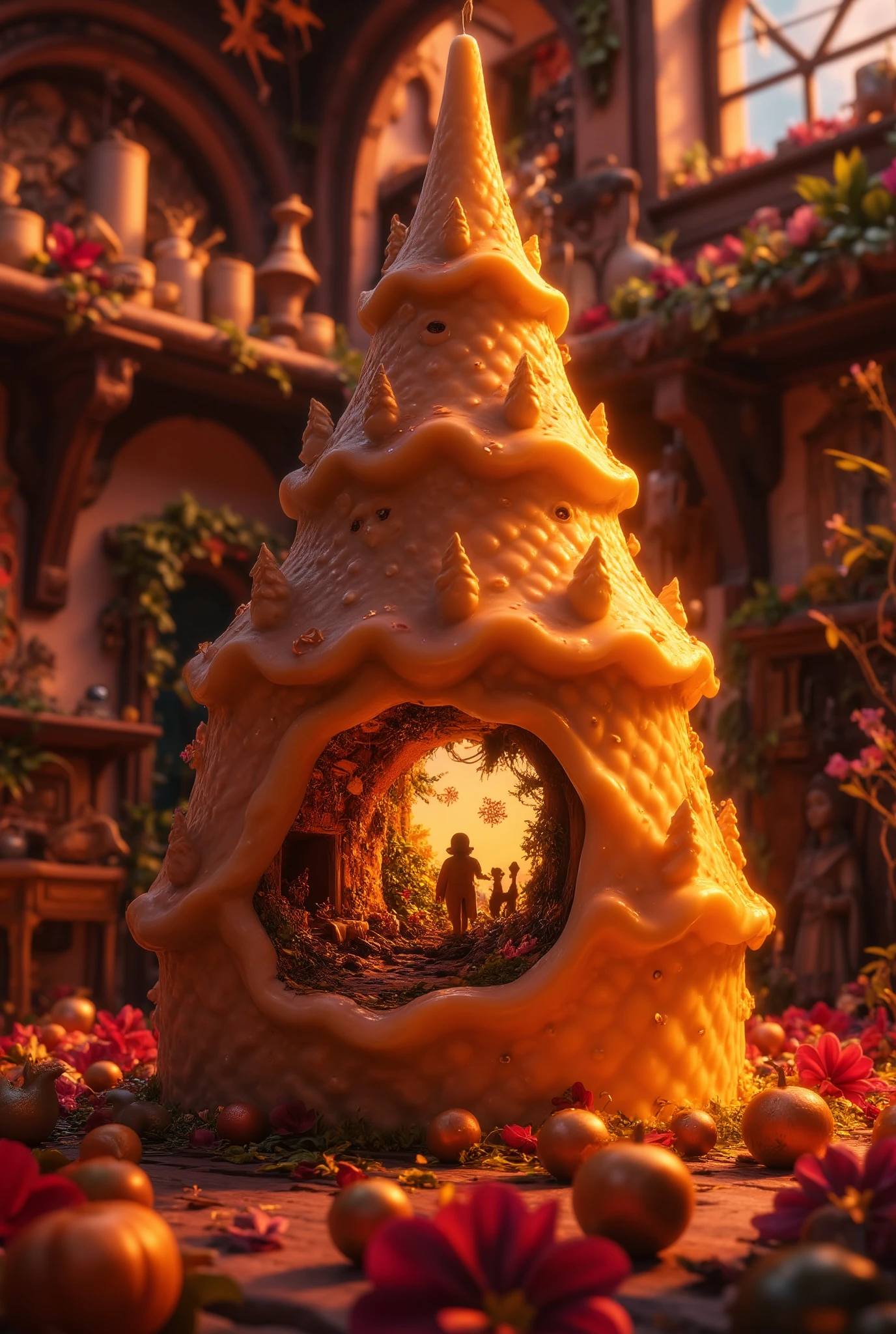 candle in the shape of a Christmas tree with a natiity scene diorama inside