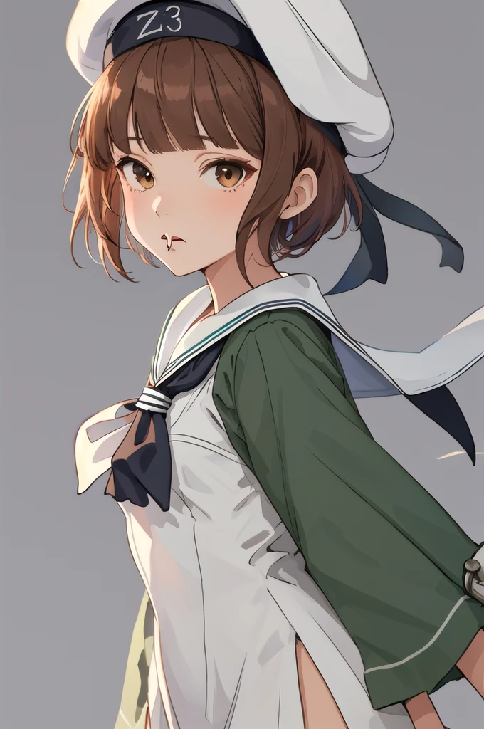  top quality,   Masterpiece  ,  high definition , Alone, {Z3 _max__  Fleet Collection:1.15}, short_hair, brown_eye, brown_hair, hin, Sailor_hin, ,  1 girl , black_ neckerchief , green_ dress, green_ headwear, clothes_Writing,  dress,  watching _in_ viewer, Sailor_ color, Sailor_ dress, 前hair, green_Sailor_ color, Simple_background,  upper_body, white_background, length_sleeve,  neckerchief , closure_mouth