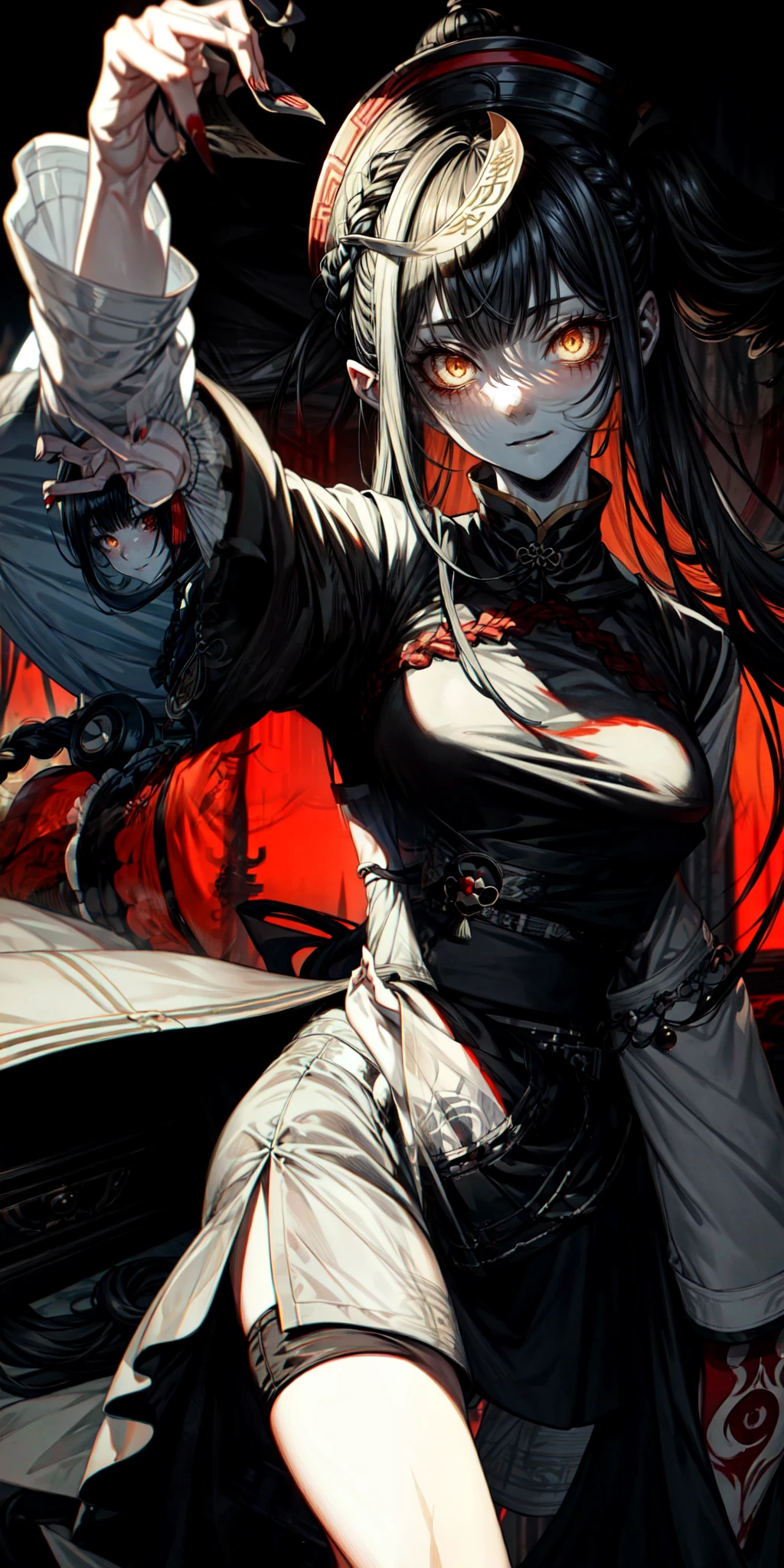 lora:flat:-1.2, masterpiece, best quality, 4k, 8k, 1 woman, solo, pale skin, tall stature, long hair, blunt bangs, side braid, black hair, ugly face, bad face, bad eyes, droopy eyes, unclear eyes, ruby red eyes, lemon yellow eyes, pale skin, black eyeliner, black eye shadow, heterochromia, slender frame, frightened, ofuda, jiangshi costume:1.2, sheath long skirt, China dress, fang, horror, coffin, forest, dark night, stormy weather, fog, from front, cowboy shot, look at viewer, paw pose,