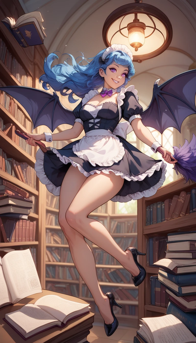  maid ,  long blue hair , purple eyes,  smiling,  holds a duster , exposed thighs,  bat wings on her back, Cleaning library , flying, flying,flying,  high heels , linda, perfect anatomy, Lamps , books,  high quality , clear, sexy feminine beauty