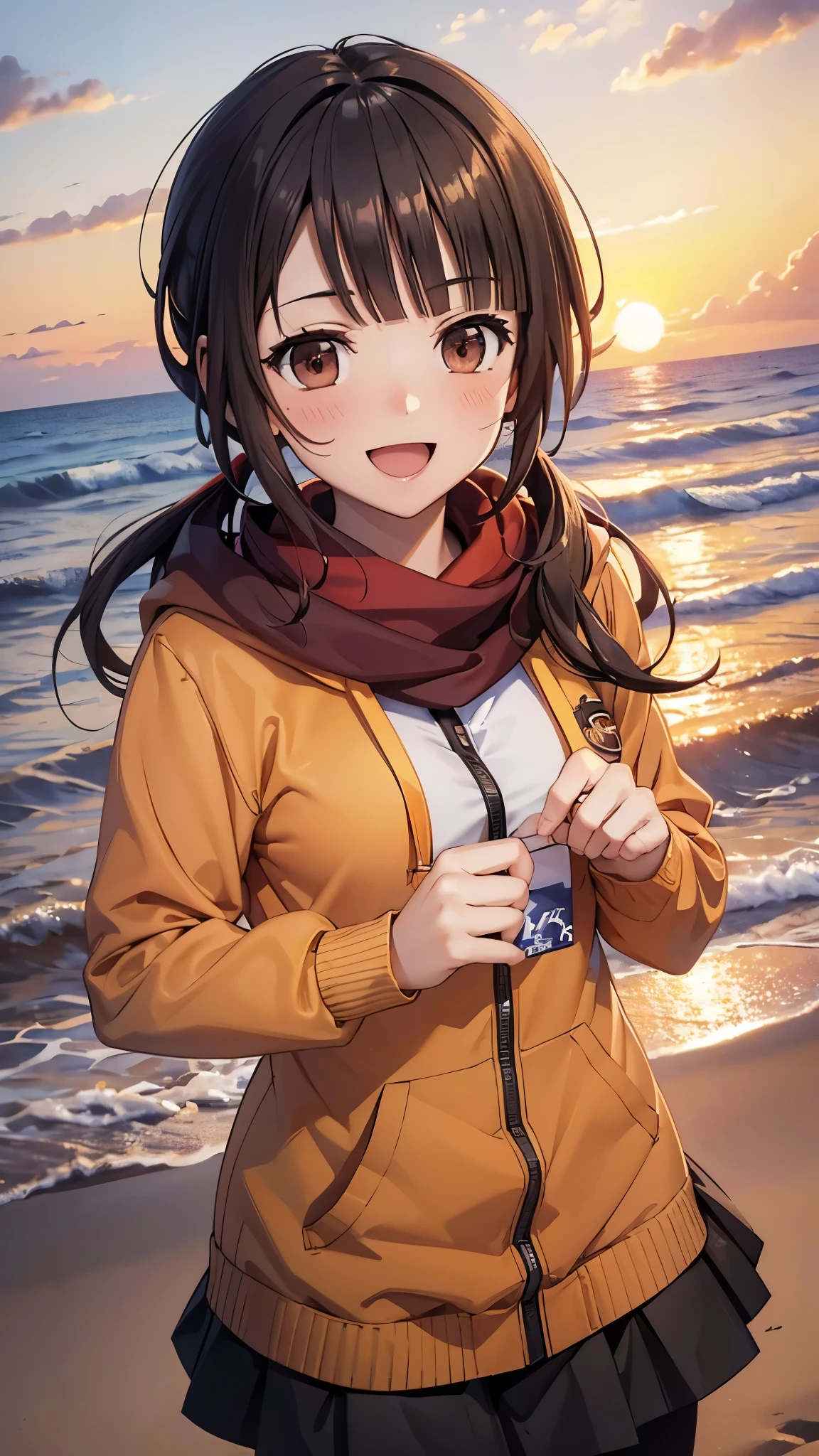 (top quality, greatest masterpiece),okitasawa,low twintale ,(orange hoodie),black long skirt,pantyhose, anatomically correct body , looking at the camera, very detailed facial features, beautiful and perfect face,(:d:1.3),Sunset sky,Evening summer and winter seashore,((portrait shot:1.3)),sea, sandy beach, looking at the camera, Front Angle,The setting sun,red cheek:1.3,red Scarf