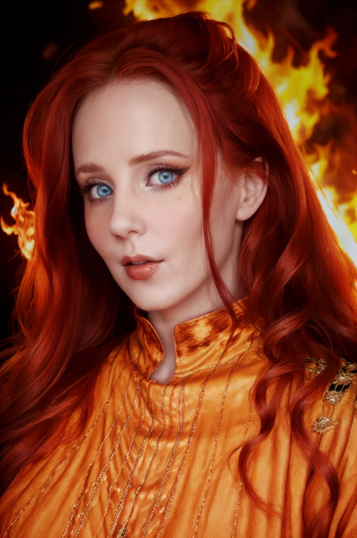 1woman, godness of fire, hot woman,godness hot woman, detailed face, jean gren reference, redhead orange, big breast, background night fire
