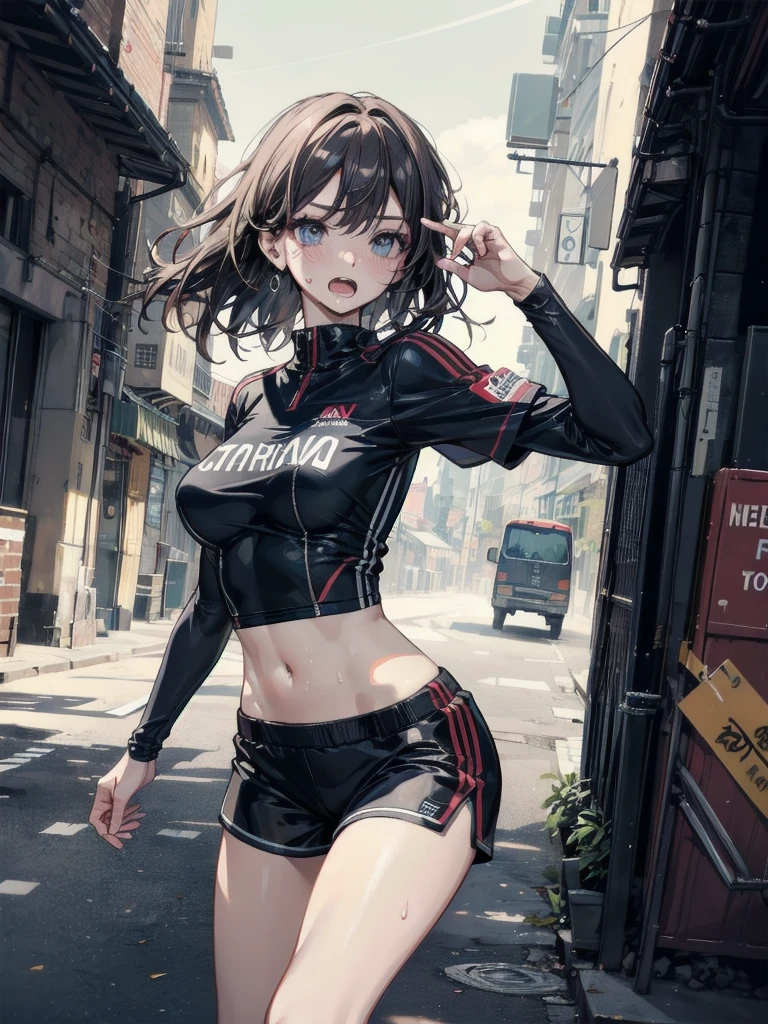 whole body, delicate facial features, medium tits, medium hair, black hair, tearful mole, earring, track suit, sleeveless, midriff, shorts, outdoor,