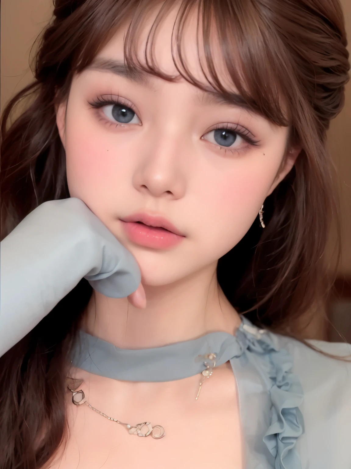 A close-up of a woman with a glove on her shoulder, popular South Korean makeup, popular Korean makeup, Sexy face with full makeup, realistic kawaii portrait, soft makeup,  with beautiful detailed eyes , pastel colored makeup, beautiful pale makeup, beautiful aesthetic face, Pop makeup style, Young and adorable Korean face, pastel blue eyes, ice gray eyes, detailed face of an asian girl