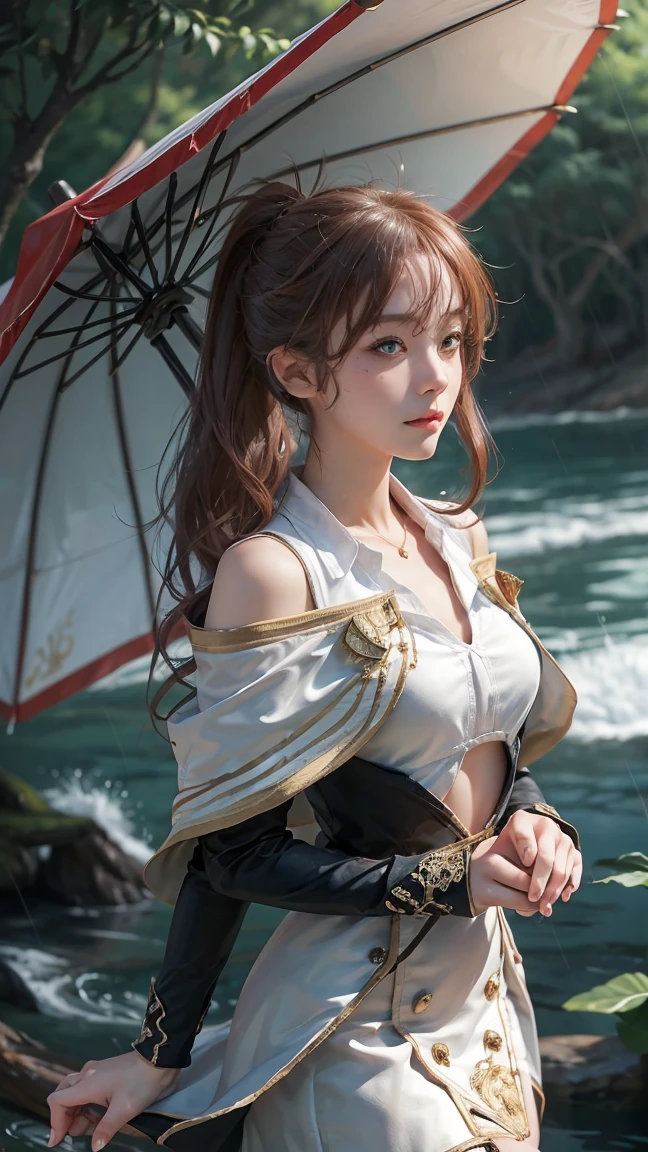 Very detailed CG unity 8k wallpaper., realistic, Guido Daniele&#39;s hand, Wearing a kimono_clothes, wooden bridge, Sakuramon, wreath,Kimono decorated with lace, stone brick road, Wet roads, Blockage, two finger socks, big ,  