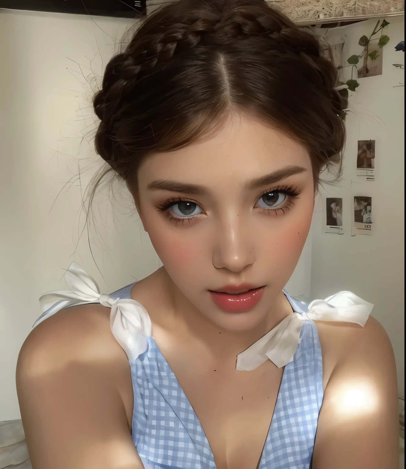 There is a woman with a blue dress and a white bow, sophie mudd portrait, brown hair and large eyes, woman with braided brown hair,  pigtail hairstyle, Detailed flawless face, Violet Myers, Two pigtails hairstyle,  with professional makeup , Sexy face with full makeup, thick and elegant makeup,  with beautiful detailed eyes , pastel makeup, white lashes, beautiful porch