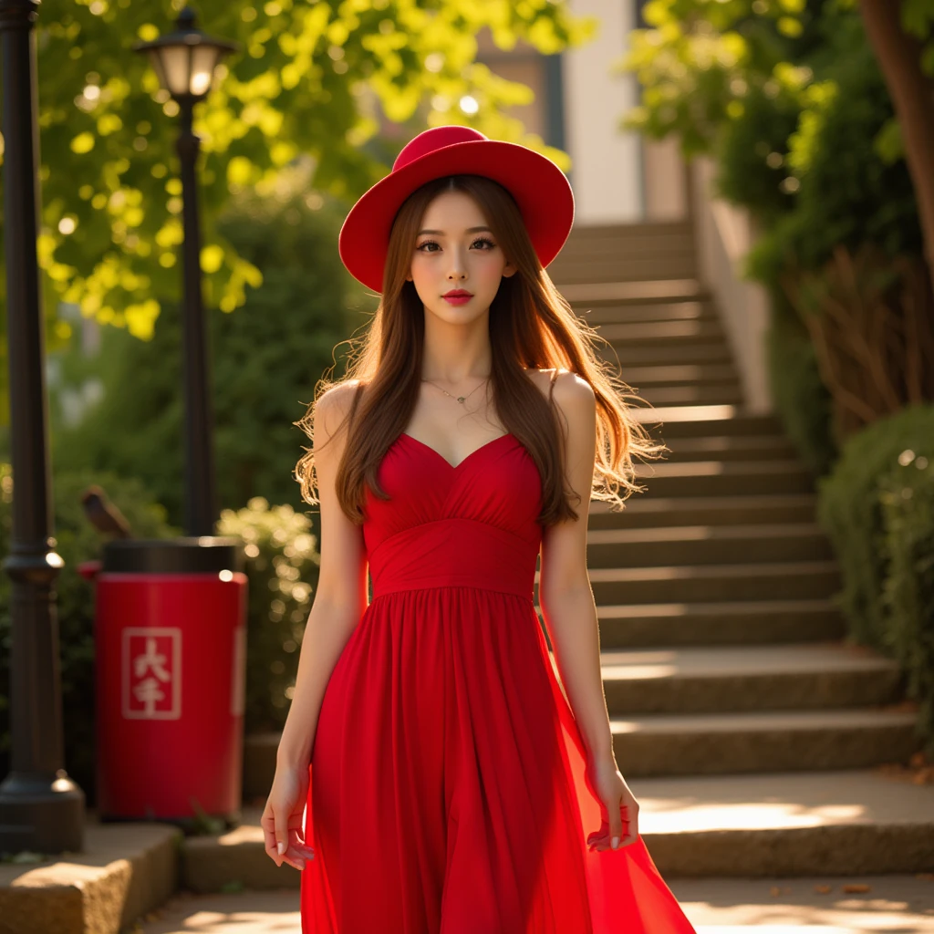 A serene outdoor setting featuring a peaceful staircase surrounded by lush green trees and foliage. The stairs are illuminated by warm sunlight filtering through the leaves, casting soft shadows on the stone steps. A red trash can sits at the side of the path, subtly blending into the vibrant scene. Birds can be seen perched on nearby branches, adding life and movement to the tranquil atmosphere. The environment feels harmonious, with a mix of natural beauty and subtle human elements like street lamps and pathways.

Standing gracefully in this picturesque setting is a woman with long, flowing brunette hair styled in soft twin tails that move gently with the breeze. She is wearing a vibrant red dress, elegantly designed with intricate folds and a cinched waist, creating a flattering silhouette. Her stylish red hat complements the outfit, with a slight tilt adding charm to her appearance. The woman stands confidently, gazing directly at the viewer with a serene and inviting expression. Her poised demeanor is highlighted by the golden sunlight that accentuates the soft textures of her dress and the natural sheen of her hair