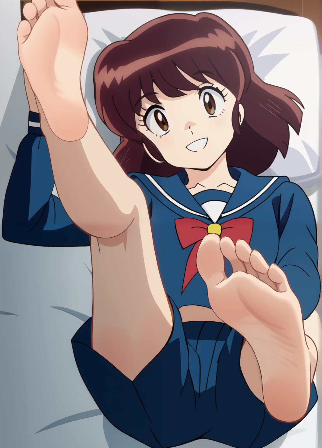 Score_9, score_8_up, source_anime, 1girl, Urusei Yatsura, Shinobu Miyake, straight dark brown hair, large dark eyes, alone, looking at viewer, navy blue skirt, blue blouse with a sailor-style collar, red ribbon, slim and athletic build, night, in her bedroom, lying on the bed with her back against the mattress, cowboy shot, ANIME SCREENCAP, anime coloring, barefoot, perfect feet, anatomically correct, soles, from above, lifting legs to show her soles, focal length 35mm, each foot has five toes, front, symmetrical soles, foot focus, happy gaze, smile