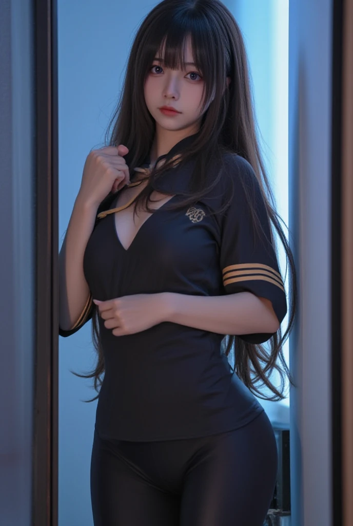 (Masterpiece), (best quality:1.5), cinematic lighting, ferpect lighting,Glowing skin, 1girl, solo, long hair, black hair, Bangs, purple eyes, Double eyelids, standing, full body, big breasts:1.3, shagging breasts, pouting, School uniforms, Short sleeve, Pencil pants,