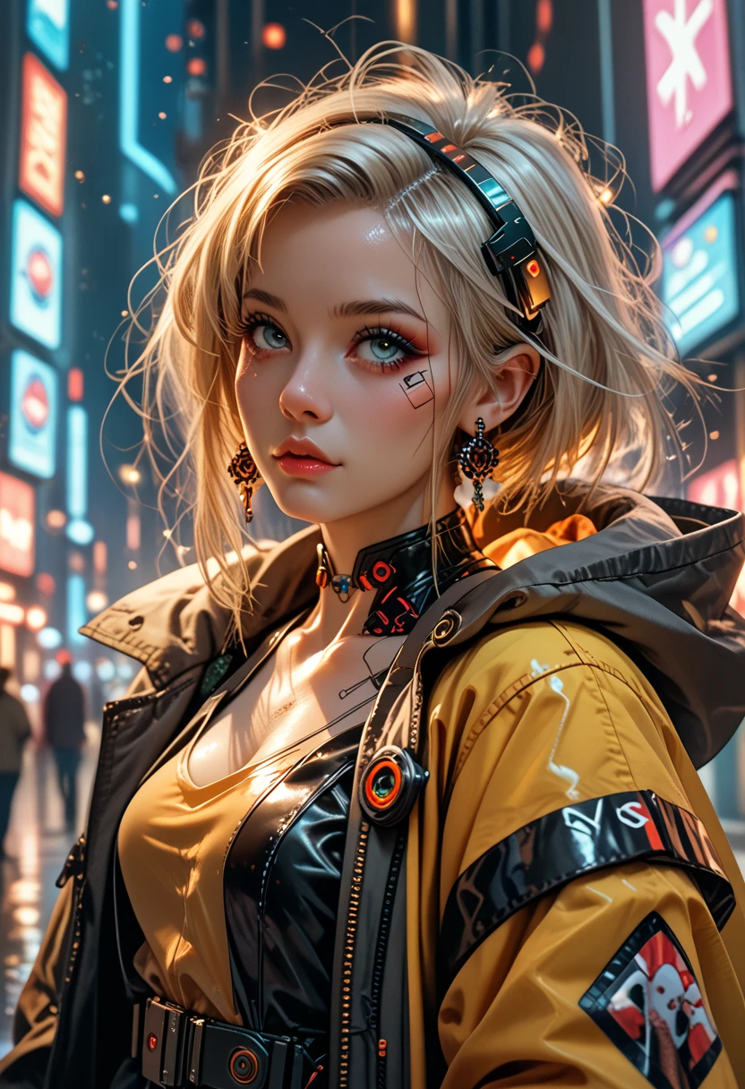 There is a woman in cyberpunk clothes and a hooded coat, she is in action and in the city.