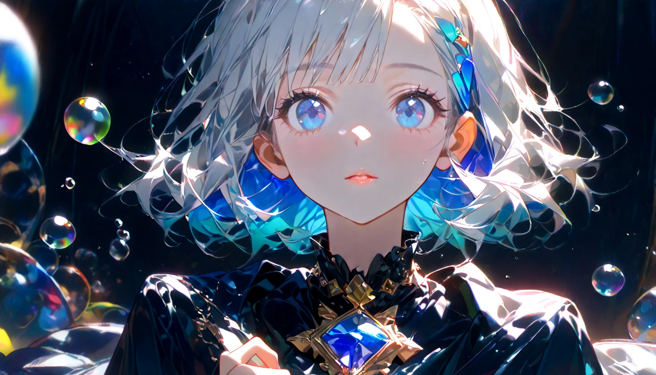 Transparent silver hair))、Semi-long hair、((Shiny blue eyes))、(Cute Summer Clothes)、resolution, unity 8k wallpaper, (figure:0.8), (Detailed and beautiful eyes:1.6), Highly detailed face, Perfect lighting, Extremely detailed CG, (Perfect hands, Perfect Anatomy), , t