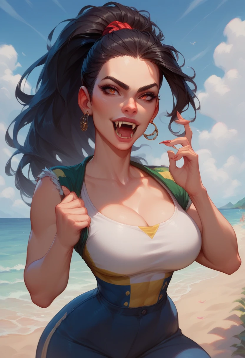 1 , Alone, pele morena, black hair,  ponytail ,  Big breasts ,  thin waist ,  WIDE HIP, strong abdomen, fierce face, Mouth with Fangs ,  Brazil-themed clothes,  Looking at the camera , beach background.