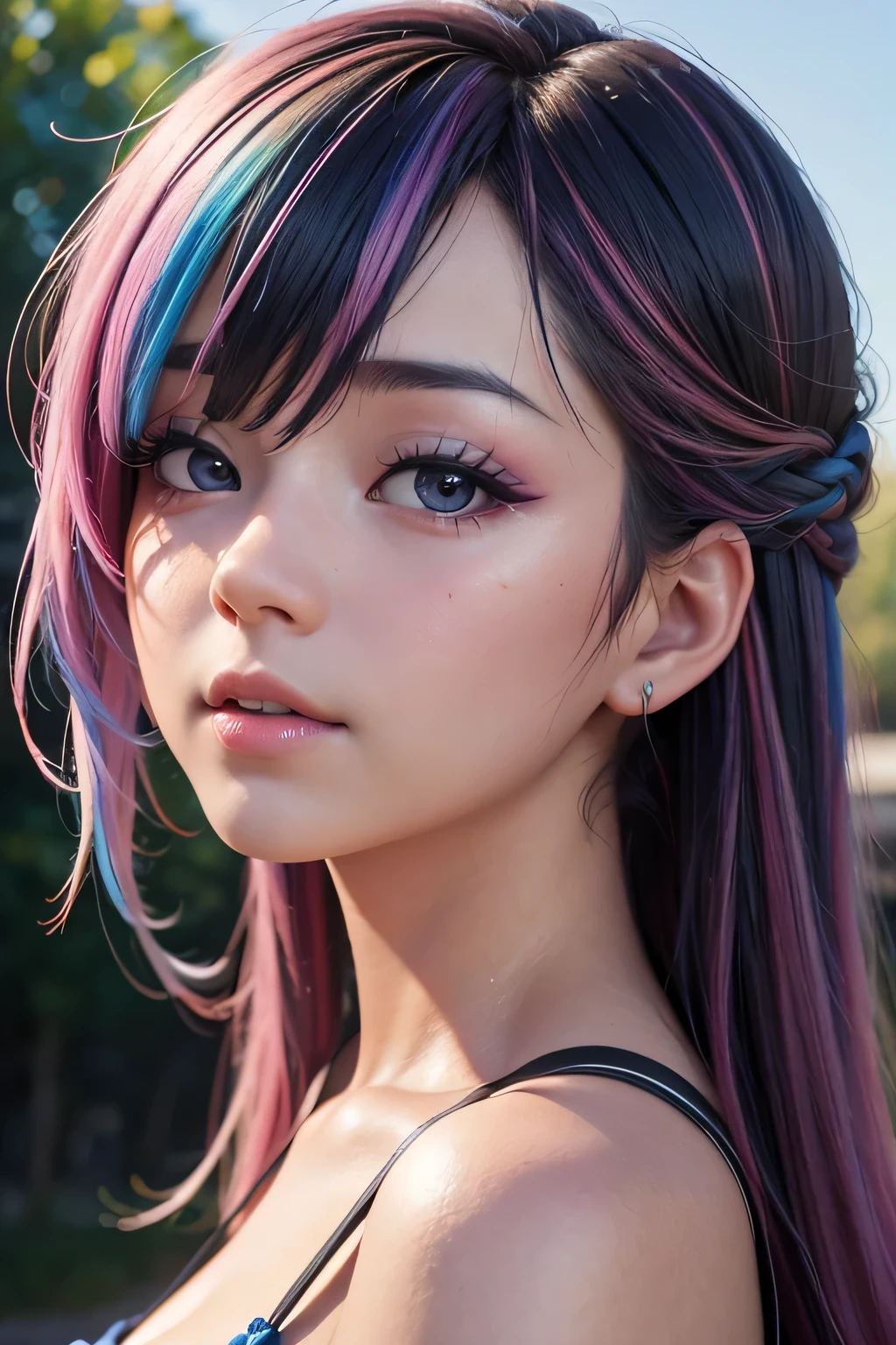 (Asian girl:1.3), beautiful detailed eyes, beautiful detailed lips, extremely detailed eyes and face, long eyelashes, upper body, from side, looking at viewer, (fractal art:1.3), (rainbow color hair, colorful hair, half blue and half pink hair:1.2), water, liquid, cloud, colorful, starry, stars, (best quality, 4k, 8k, highres, masterpiece:1.2), ultra-detailed, (realistic, photorealistic, photo-realistic:1.37), vibrant colors, studio lighting, extremely detailed description, professional, concept art