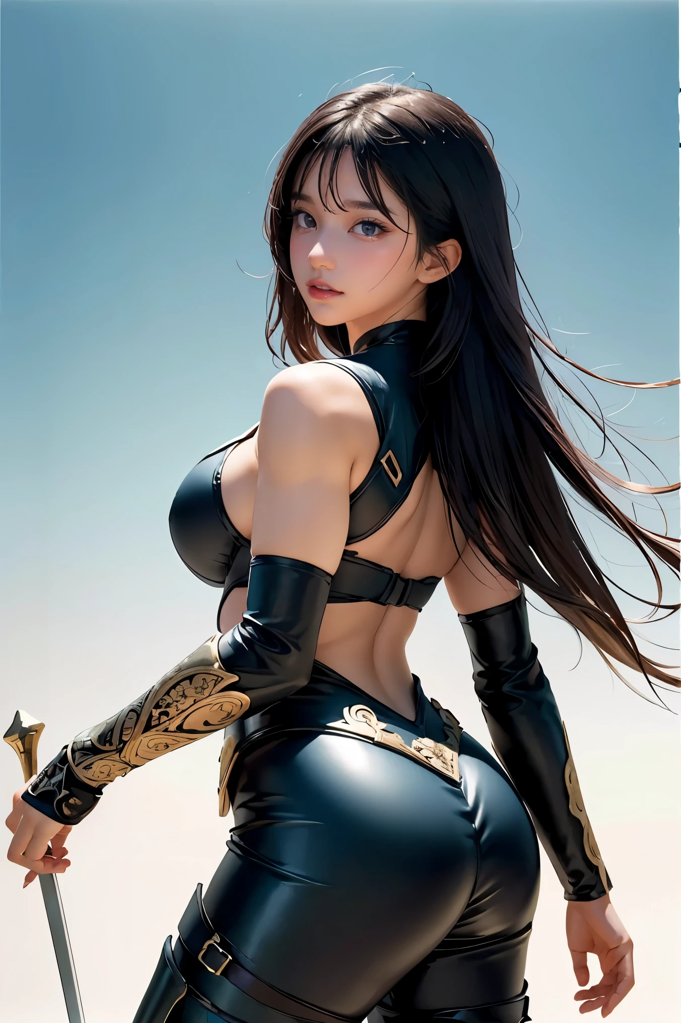 1girl, depth of field, official art, unity 8k wallpaper, ultra detailed, illustration, beautiful and aesthetic, masterpiece, best quality, knight, (big breasts), (milf, mature female), (black armor, armor, breastplate), beautiful face, (long hair, black hair, very straight hair:1.4, hime cut:1.4), blue eyes, cowboy shot, glowing skin, back lighting, athletic figure, muscular female, curvy, wide hips, colorful, looking at viewer, Hyperrealistic, gradient background, dark background, outline, fantasy, from the front, watercolor, traditional media, (chromatic aberration, intricate details)