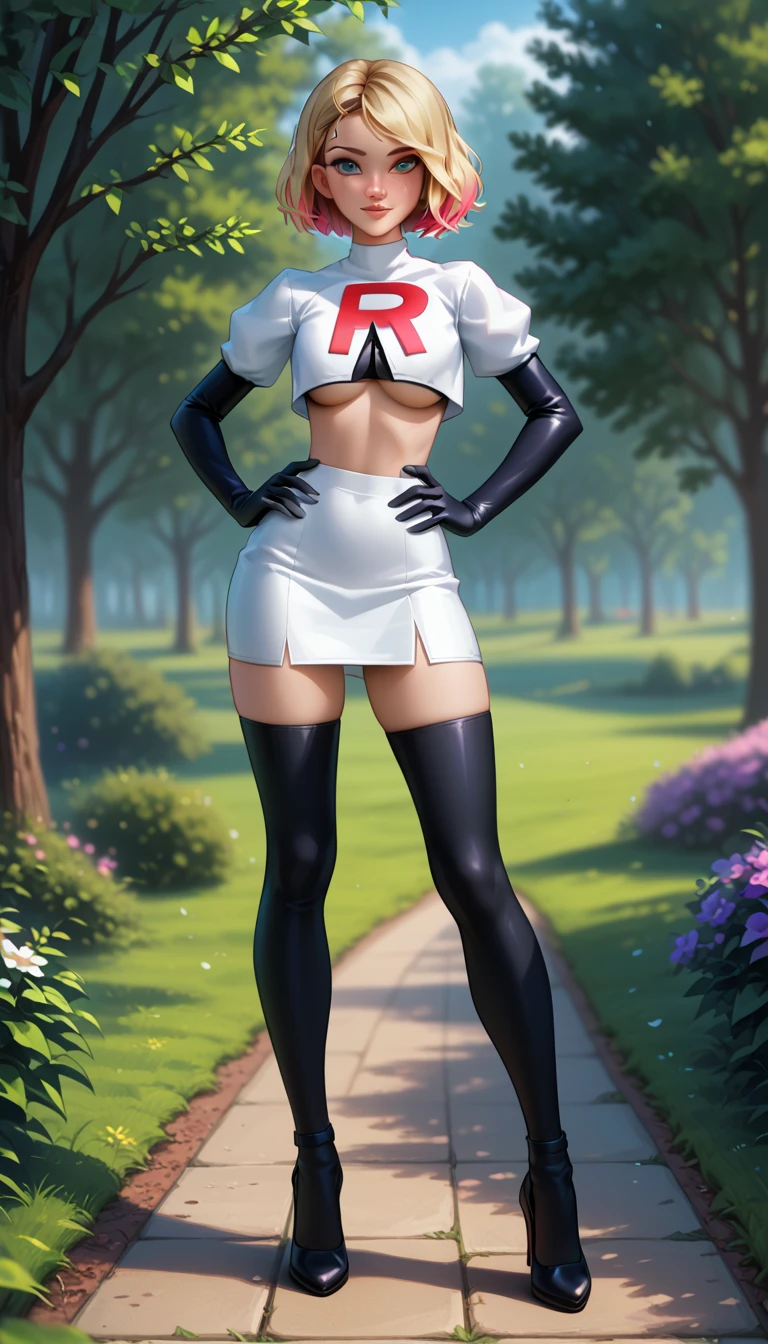 score_9, score_8_up, score_7_up, 1girl, solo, beautiful waifu, thicc, (short hair Gwen Stacy, blonde, colorful highlights:1.2), detailed eyes, detailed face, flirt, Cosplay_TeamRocket, team rocket uniform, white jacket, cropped jacket, white skirt, elbow gloves, black thigh highs, heels, underboob, (hand on hip, hip out, sexy pose:1.3), in beautiful green park, trees, lowlight, early evening, shallow depth of field, (full body shot:1.1).