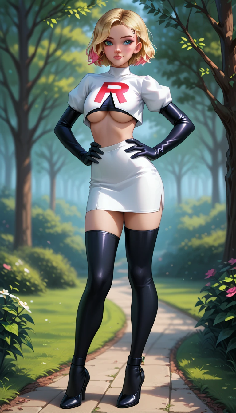 score_9, score_8_up, score_7_up, 1girl, solo, beautiful waifu, thicc, (short hair Gwen Stacy, blonde, colorful highlights:1.2), detailed eyes, detailed face, flirt, Cosplay_TeamRocket, team rocket uniform, white jacket, cropped jacket, white skirt, elbow gloves, black thigh highs, heels, underboob, (hand on hip, hip out, sexy pose:1.3), in beautiful green park, trees, lowlight, early evening, shallow depth of field, (full body shot:1.1).